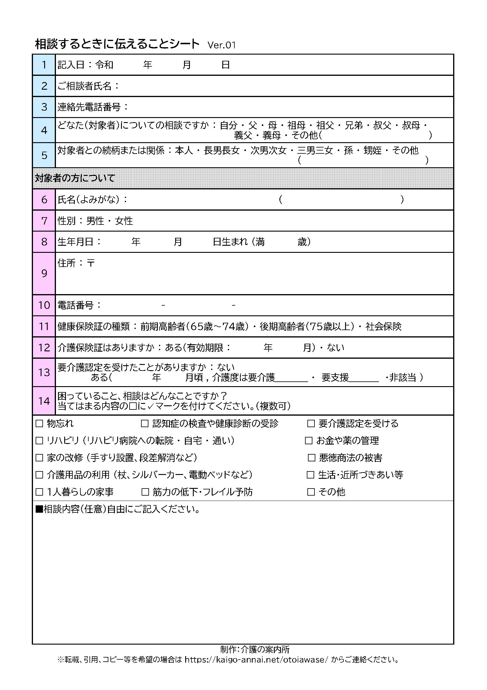 地域包括支援センターに相談するときに伝えることを記入するシート